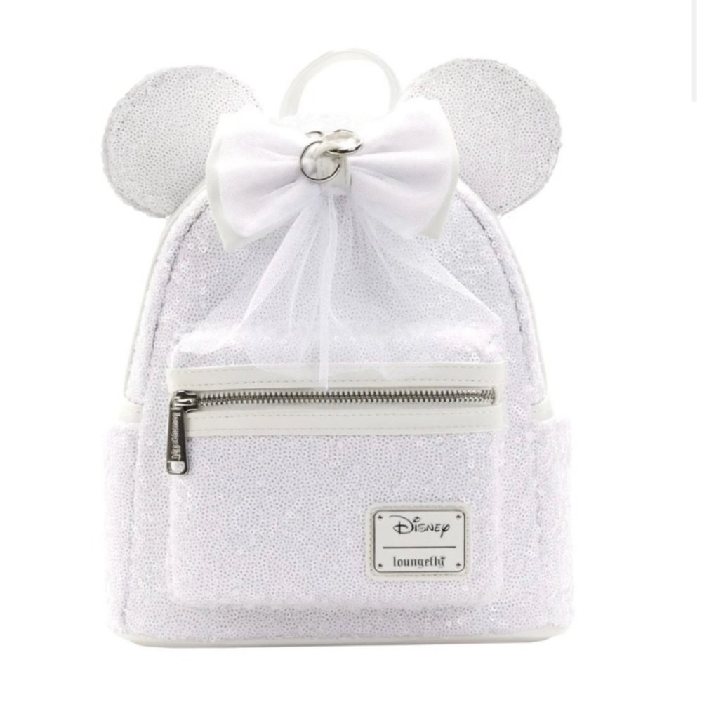 Loungefly White Sequin Minnie Ear Bow Mini Backpack - Picture 2 of 8